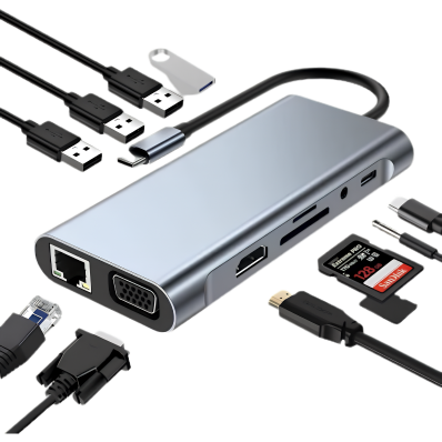 LAN+TYPE-C + SD CARD + USB3.0*+AUDIO +HDTV +VGA TYPE -C TO HDTV 10 IN 1 2